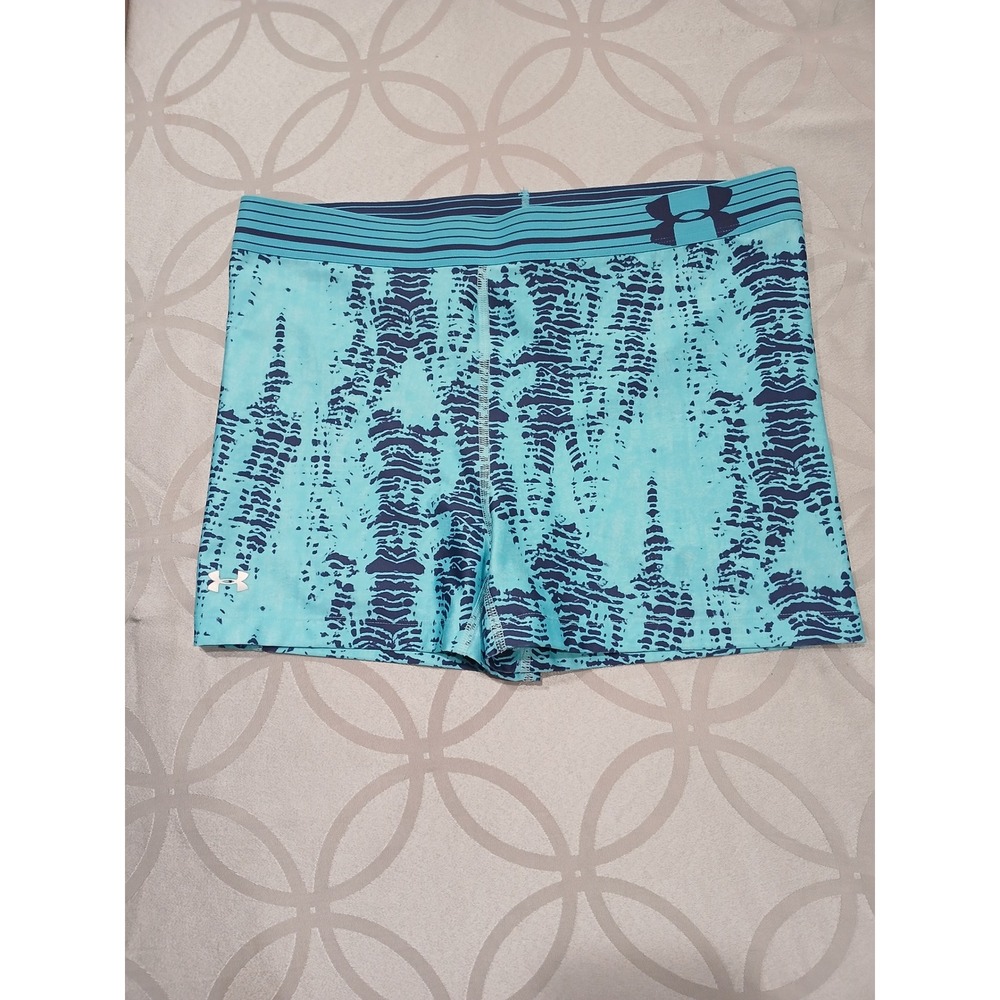 Under Armour HeatGear Compression Shorts Aqua Blue Navy Print Womens Large